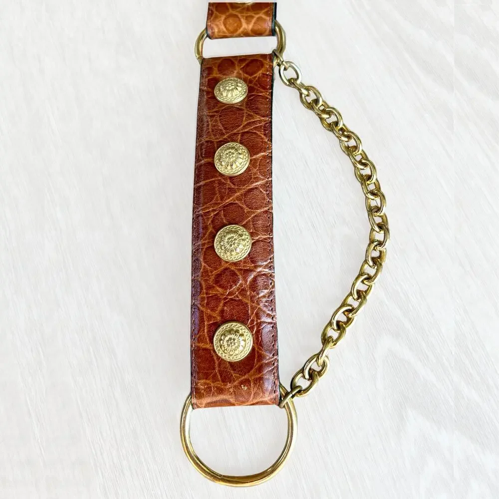 Vintage Sandy Duftler Croc Leather Chain Concho Belt Brown Brass Size AS IS
